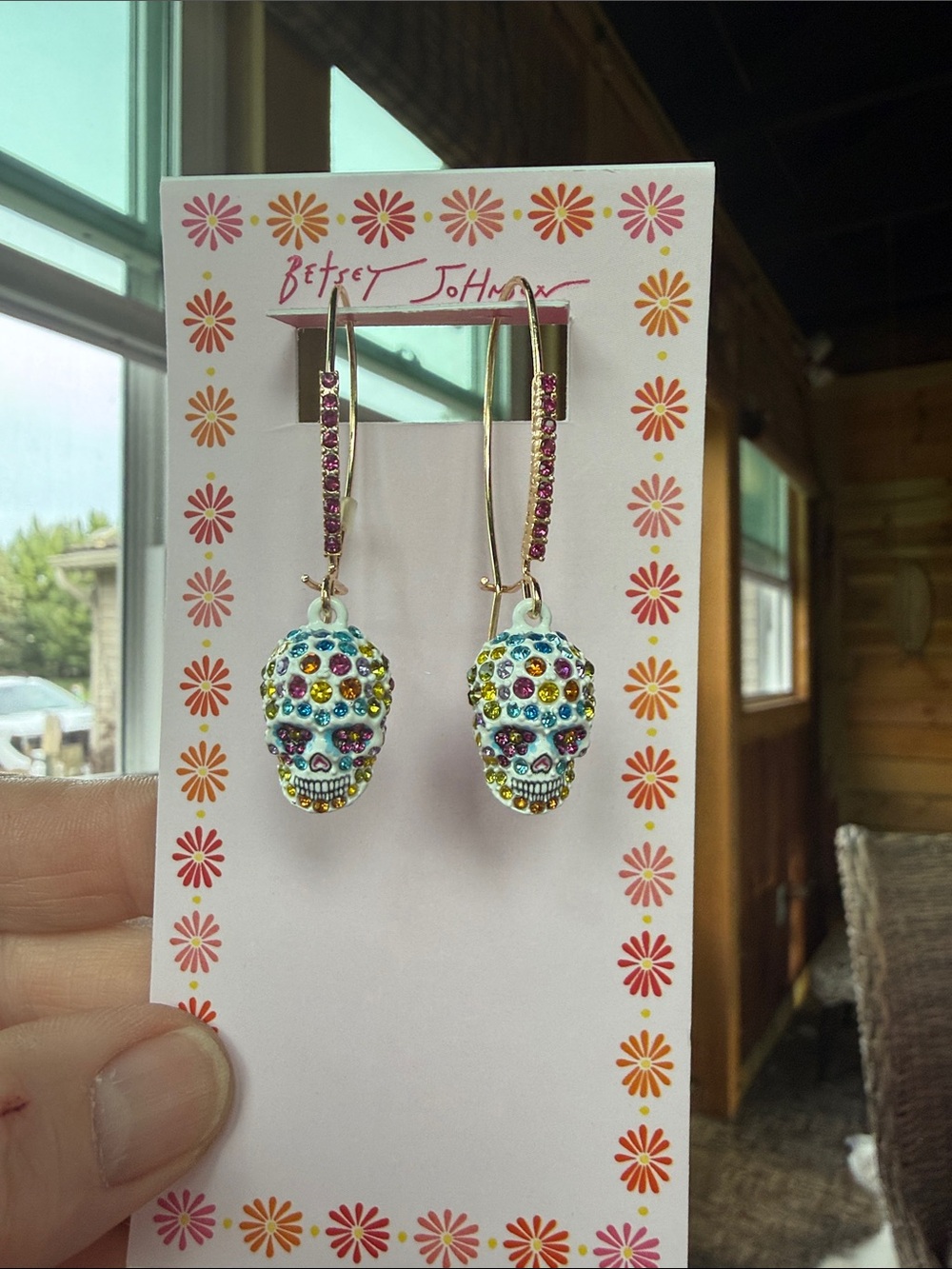 Betsey Johnson Multicolor Crystal Sugar Skull Drop Earrings - Gold